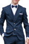This elegant mens handmade 3 piece blue suit with a stunning checkered pattern is woven with premium quality wool at My Custom Tailor. It is a modish collection of 1 mens bespoke pant, 1 mens custom vest, and 1 mens slim fit blazer. The mens suit pant has a flat front, a zipper fly, front slash pockets, and a two point button closure. The mens bespoke vest has a slim cut finish with an iconic shawl collar. The mens slim fit bespoke blazer has 2 front close buttons, 2 lower pockets with flaps, and 1 upper welt pocket. 