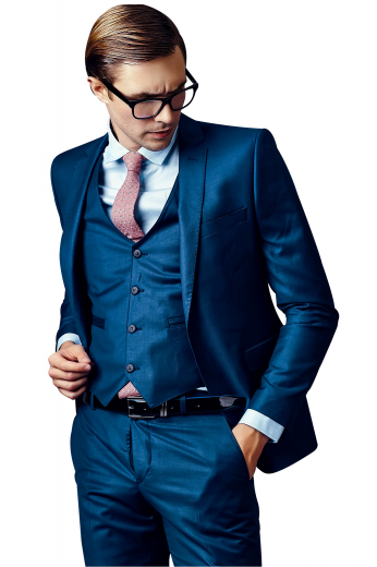 This is an iconic handmade blue three piece suit that's woven in wool to suit the needs of men who like style and elegance at work. It features a mens bespoke pant, a mens handmade slim fit vest, and a mens custom blazer. The mens bespoke pant is a combination of features like extended belt loops, a zipper fly and a two point button and hook closure. The mens handmade vest is made single breasted with 4 front close buttons. The mens bespoke blazer features 1 front close button, angled upper welt pocket, and 2 lower flap pockets.