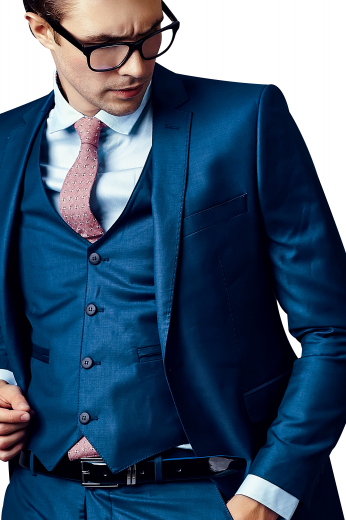 This is an iconic handmade blue three piece suit that's woven in wool to suit the needs of men who like style and elegance at work. It features a mens bespoke pant, a mens handmade slim fit vest, and a mens custom blazer. The mens bespoke pant is a combination of features like extended belt loops, a zipper fly and a two point button and hook closure. The mens handmade vest is made single breasted with 4 front close buttons. The mens bespoke blazer features 1 front close button, angled upper welt pocket, and 2 lower flap pockets.