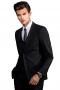 This iconic handmade black 3 piece wool suit for men features a flat front mens bespoke pant, a mens slim cut vest, and a mens custom blazer. The slim fit mens bespoke pant features a two point button and hook closure, slash pockets, and zip fly. The mens bespoke vest has a 5 button front closure and a V neck. The mens custom black suit jacket is woven to display a slim fit cut with 2 front close buttons, 2 lower flap pockets, and 1 upper welt pocket. Order online at My Custom Tailor to buy this stellar mens bespoke black suit.