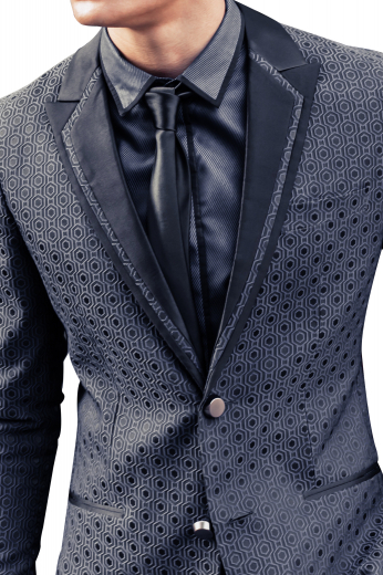 Mens Slim Fit Grey Tuxedo Jacket This single breasted mens bespoke tuxedo jacket in grey sports stylish circular patterns in black that creates a stunning contrast. It is made to order with premium quality Mohair wool, hand woven to display an intricately designed double layer collar alongside a classic lapel with hand sewn satin on the upper layer. Fabricated to display a classy slim cut fitting, this made to order tux jacket looks even better with 2 double piped lower pockets, 1 upper welt pocket, and 2 hand sewn front closure buttons.