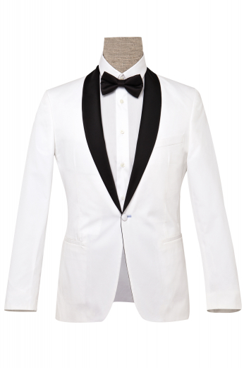 This men's white tuxedo jacket is custom made in a single breasted button closure, shawl collar and peak lapels. It is tailor made to measure to a perfect slim fit in a fine wool blend. This white dinner jacket would put Bond to shame!