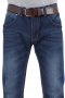 These men's dark blue denim jeans are tailor made in a fine denim and cut to a slim fit, featuring extended belt loops and levi style pockets. It is a fantastic casual wardrobe staple!