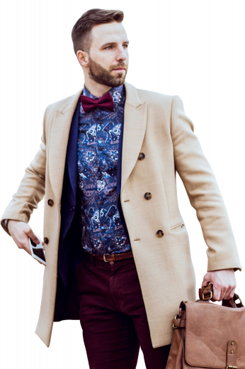 This men's fashionable camel colored coat is tailor made in a fine wool and tweed and cut to a slim fit, featuring a double breasted button closure and piped pockets. 