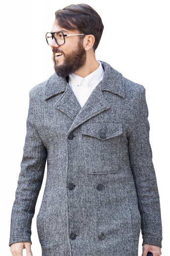 This men's custom made grey colored coat is tailor made in a fine wool and tweed and cut to a slim fit, featuring a double breasted button closure, slanted pockets, and edge stitched lapels. It is a classic winter coat, sure to become a staple in your everyday wardrobe!