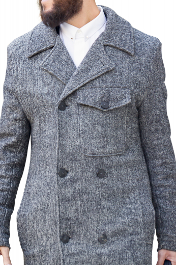 Style no.16511 - This men's custom made grey colored coat is tailor made in a fine wool and tweed and cut to a slim fit, featuring a double breasted button closure, slanted pockets, and edge stitched lapels. It is a classic winter coat, sure to become a staple in your everyday wardrobe!