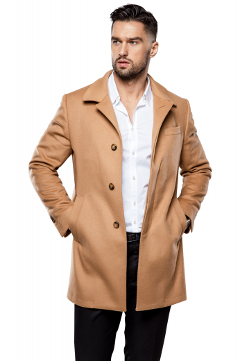This men's custom made tan colored coat is sure to become one your favorite winter staples. It is tailor made in a fine wool and tweed, featuring a single breasted button closure, slanted welt pockets, and wide notch lapels. 