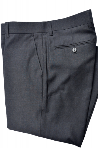 This men's custom made black trouser is tailor made in a fine wool blend and cut to a slim fit, featuring slash pockets, extended belt loops and a flat front pleat. 
