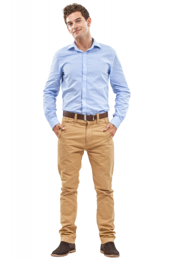 This men's bright khaki trouser is tailor made in a fine wool blend and cut to a slim fit, featuring slash pockets and a flat front pleat. This slim fit pair of men's pants also features a zipper fly. 