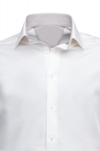 This men's slim cut white button down is tailor made  cut to a perfect fit. It is made to measure in a fine linen blend and features an ainsley collar and rounded barrel cuffs. 