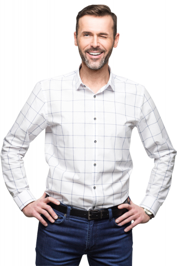 Men's tailor made formal shirt with a flattering standard cut. This men's custom shirt is available online for you with squared edge French cuffs, no pockets, a plain front, and a box plated back. This is a great buy for both casual and office wear.