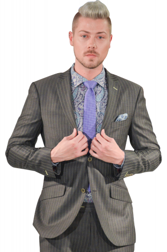 This pinstripe men's suit is tailor made in a fine wool blend and cut to a slim fit, featuring a single breasted two button closure, notch lapels, and double piped pockets. It is a fashionable work wardrobe option!