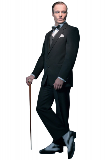 This men's pant suit is tailor made in a fine wool blend and cut in a slim fit, featuring notch lapels, five button single breasted button closures, and hand sewn cuffs.