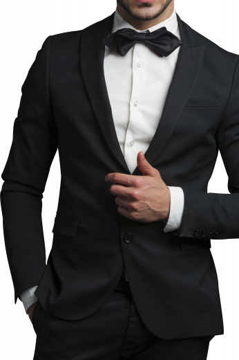 This men's sleek black pant suit is tailor made in a fine wool blend and cut in a slim fit, featuring notch lapels, single breasted button closures, and hand sewn cuffs.