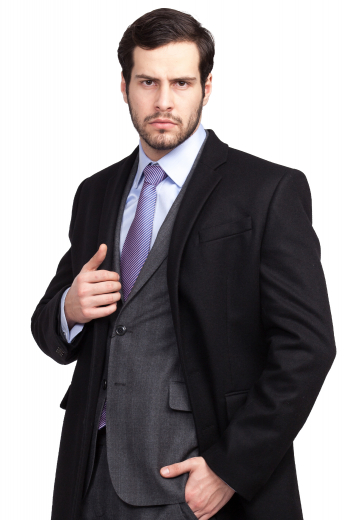 This men's black and grey pant suit is tailor made in a fine wool blend and cut in a slim fit, featuring notch lapels, single breasted button closures, and hand sewn cuffs.