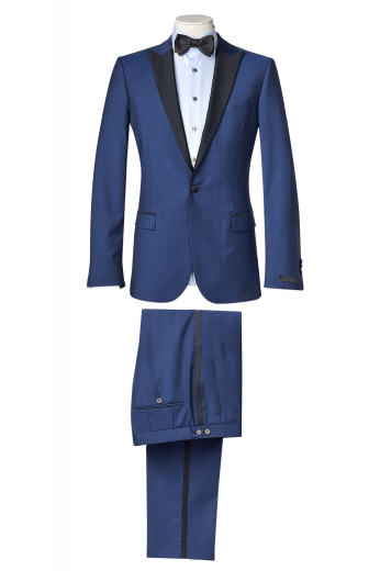 This men's pant suit is tailor made in a fine wool blend and cut in a slim fit, featuring notch lapels, single breasted button closures, and satin peak lapels.