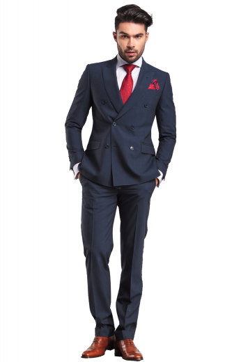 This men's pant suit is tailor made in a fine wool blend, featuring a double breasted button closure, peak lapels, and handsewn cuffs. 