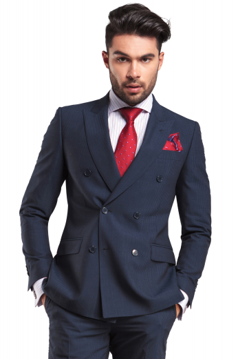 Style no.16772 - This men's pant suit is tailor made in a fine wool blend, featuring a double breasted button closure, peak lapels, and handsewn cuffs. 