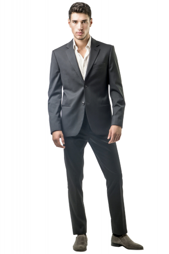This men's grey coloured suit is tailor made in a fine wool blend and cut to a slim fit, featuring a single breasted button closure, notch lapels, and slash pockets. 