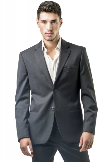 Style no.16801 - This men's grey coloured suit is tailor made in a fine wool blend and cut to a slim fit, featuring a single breasted button closure, notch lapels, and slash pockets. 