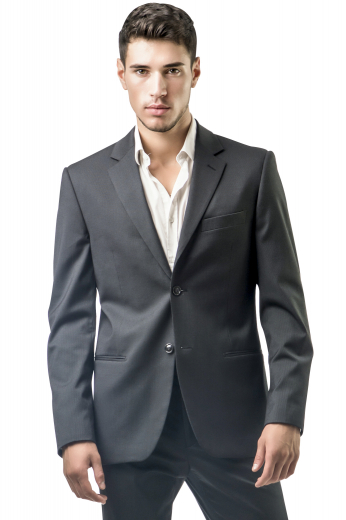 This men's grey coloured suit is tailor made in a fine wool blend and cut to a slim fit, featuring a single breasted button closure, notch lapels, and slash pockets. 