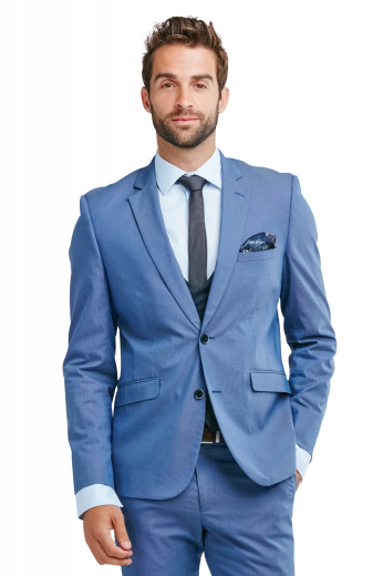 Style no.16815 - This men's pant  suit is tailor made in a fine wool blend and cut to a slim fit, featuring single breasted button closures, notch lapels and slash pockets. It is perfect for all formal occasions, in a pastel blue color. 