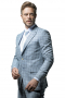 Very Modern Styled Business Mens Suit, Peak lapel, Slim fitting two button Jacket featuring flap pockets and side vents. Pants are flat front, slash pockets and one back pocket on right.  