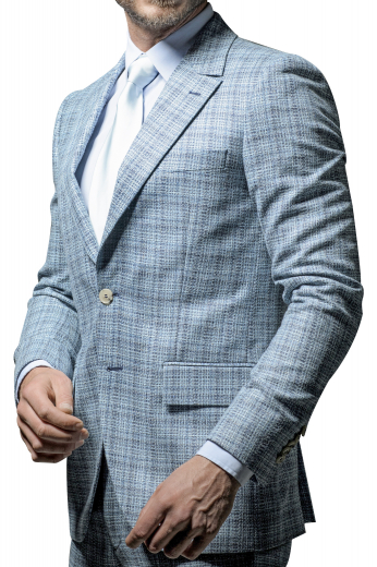 Very Modern Styled Business Mens Suit, Peak lapel, Slim fitting two button Jacket featuring flap pockets and side vents. Pants are flat front, slash pockets and one back pocket on right.  