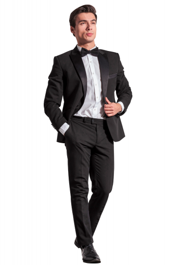 This sleek men's pant suit is tailor made in a fine wool blend featuring a single breasted button closure, satin peak lapels, and slash pockets. 