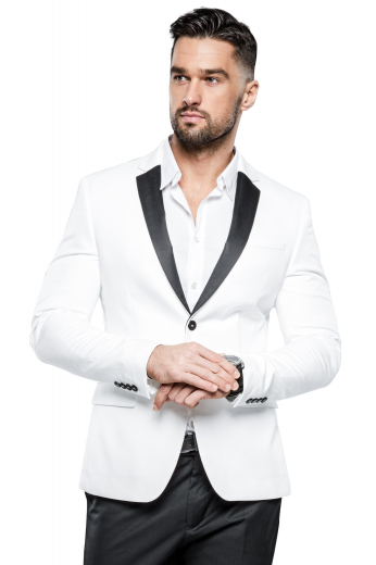 This men's pant suit is tailor made in a fine wool blend, featuring contrast trim, satin lapels and a single breasted button closure. 