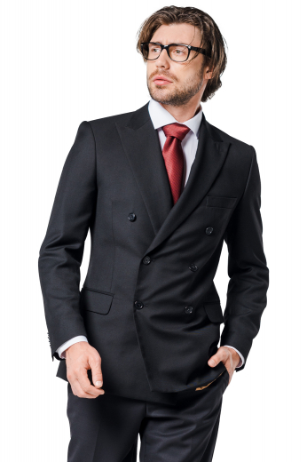 Style no.16855 - This men's pant suit is tailor made in a wool blend, cut to a slim fit. It is perfect for all formal occasions, featuring a double breasted closure, peak lapels, and slash pockets. 