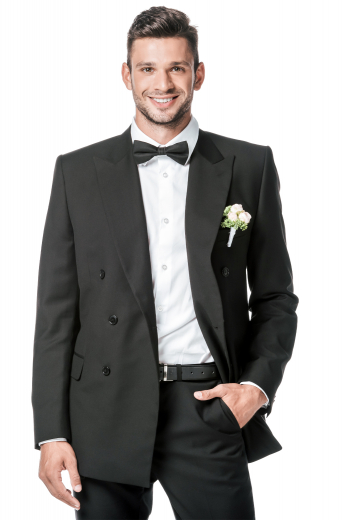 This men's pant suit is tailor made to a slim fit in a fine wool blend. It features slash pocket, satin facing lapels, and a single breasted button closure. 