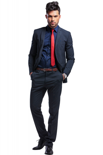 This men's pant suit is tailor made in a slim fit, featuring a single breasted button closure and slash pockets. It is perfect for all formal occasions.