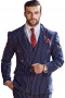 A stunning men's striped navy custom made to measure suit set made up of a navy jacket  tailor made to a slim cut, featuring a double breasted button closure and peak lapels and slim fit flattering pants.