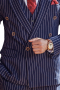 A stunning men's striped navy custom made to measure suit set made up of a navy jacket  tailor made to a slim cut, featuring a double breasted button closure and peak lapels and slim fit flattering pants.