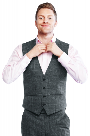 This men's vest is tailor made in a wool blend featuring a single breasted, four button closure, with piped lower pockets. 