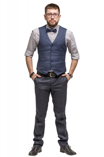 In and elegant blue-grey blended fabric is this hand tailored men's slim cut vest is tailor made featuring a single breasted closure and v neck, with a left welt pocket. 