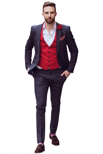 A flattering and stylish men's made to measure bold red slim cut vest is tailor made in a wool blend, featuring a single breasted button closure and a v neck.