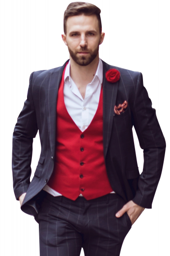 A flattering and stylish men's made to measure bold red slim cut vest is tailor made in a wool blend, featuring a single breasted button closure and a v neck.