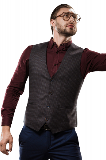This men's slim cut vest is custom made in a wool blend featuring a single breasted closure and v neck. It is perfect for all occasions. 