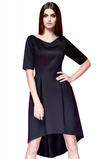 This women's stunning custom tailored black herringbone slim fit dress is tailor made in a fine wool blend. It lands just at the knee and features a concealed zipper. 