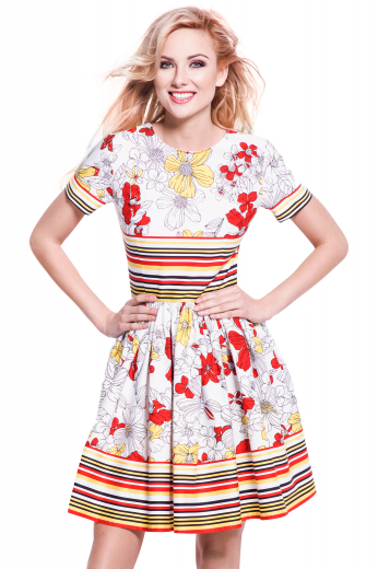 This women's retro inspired dress is perfect for the eccentric gal. It features short sleeves and a round neck, hitting just at the knee with a concealed zipper on the back. 
