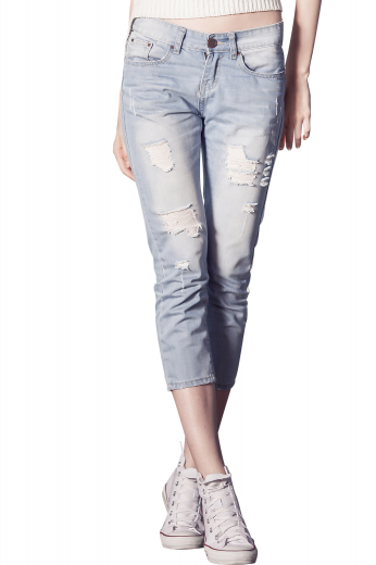 A flattering pair of woman made to measure light washed denim pants. This women's pant is tailor made in a denim blend. It features extended belt hoops, hitting just at the calf and distressed detailing. 