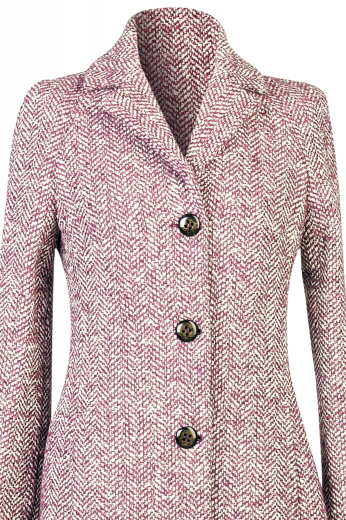 This calf length women's coat is tailor made in a fine red and white wool blend. It is designed in a single breasted button closure with a notch lapel, providing a classic option for everyday winter wear. 