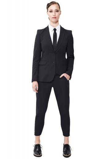 This women's matching pant suit is perfect for formal use. The jackets are custom tailored in a single breasted design, made in a fine wool blend. 