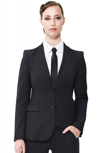 This women's matching pant suit is perfect for formal use. The jackets are custom tailored in a single breasted design, made in a fine wool blend. 