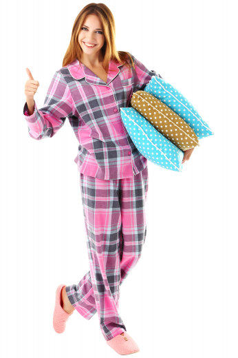 This women's loose pajama set is custom made to a perfect comfortable fit. The pajama top features an ainsley collar and matching buttons. 