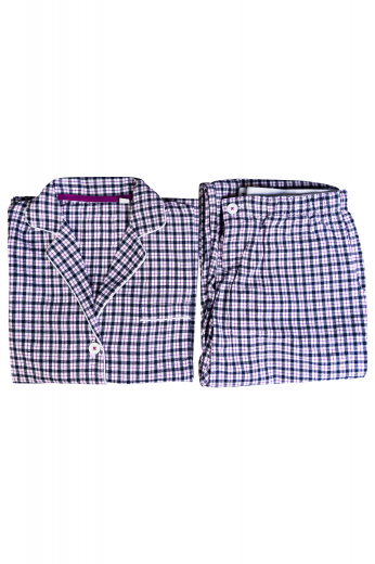 A custom made to measure women's soft checkered pajama set is tailor made to a perfect loose fit, comfortable for any night. This set is made up of a comfortable soft pair of long pants and a matching checkered top.