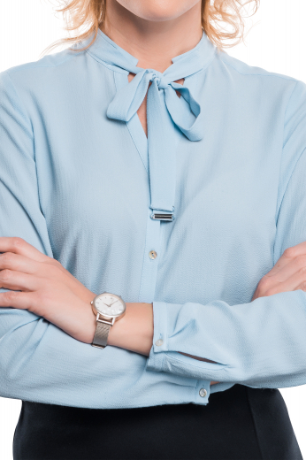 Slim Cut Custom Tailored Baby Blue V Neck Blouse This slim cut custom made to measure women's blouse is perfect for a girly twist on an everyday outfit. It is made to measure with matching buttons and a v neck mandarin collar.