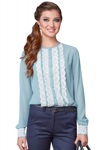 A cute hand tailored women's baby blue custom tailored blouse with stunning intricately tailored lace detailing. This casual women's blouse is custom made with matching buttons, perfect to pair with jeans for day outings. 